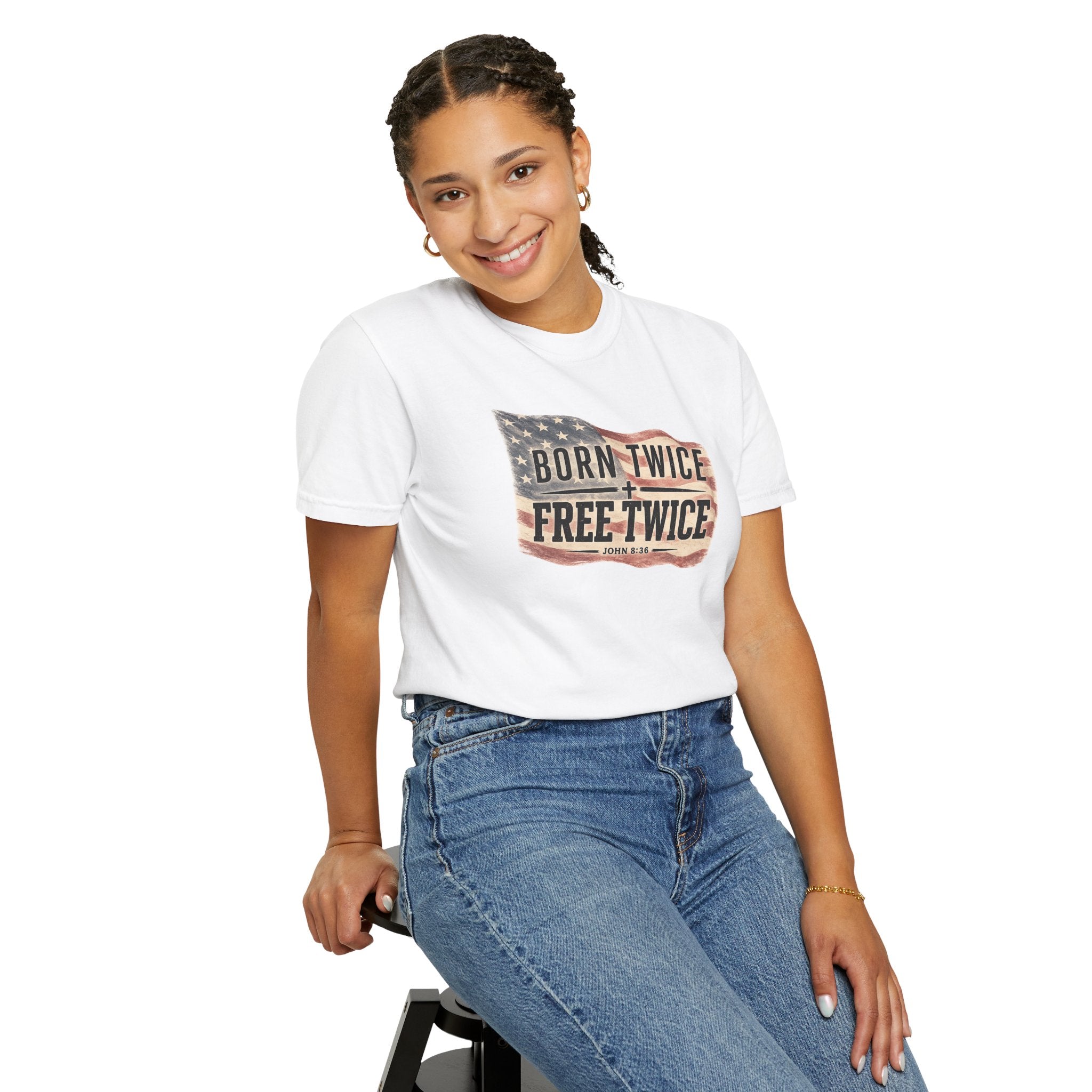 Free Twice (big flag) (John 8:36) Christian T-shirt
